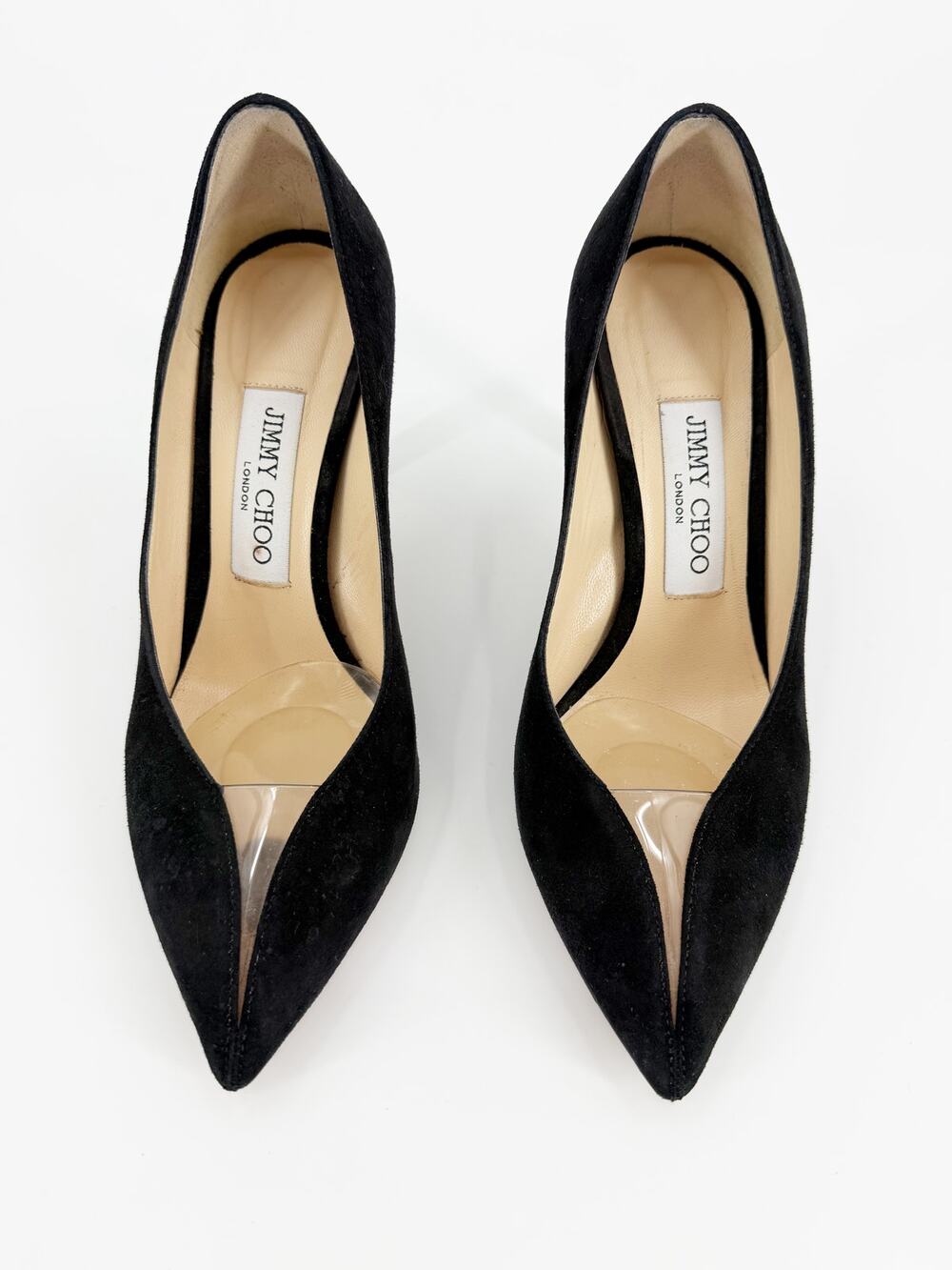 Jimmy Choo Love Black Leather Plexi V-Cut Pointed Toe Pumps Heels 37 EU 7 US